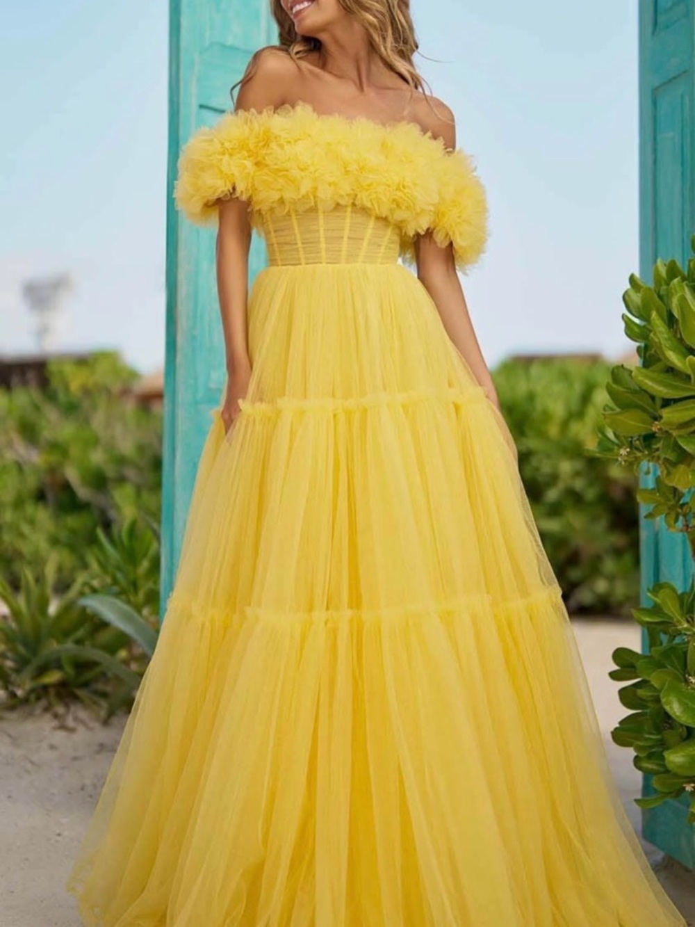 Sherri Hill Strapless Yellow Ruffled Tulle Prom Pageant Dress Gown